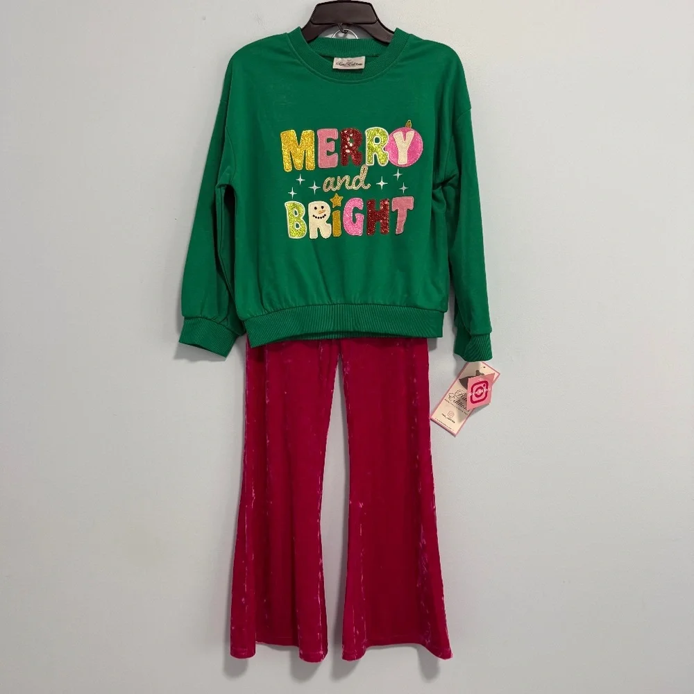 Rare Edition Girls French Terry Merry Bright Graphic 2 Pc Set- Top,pants Size 10